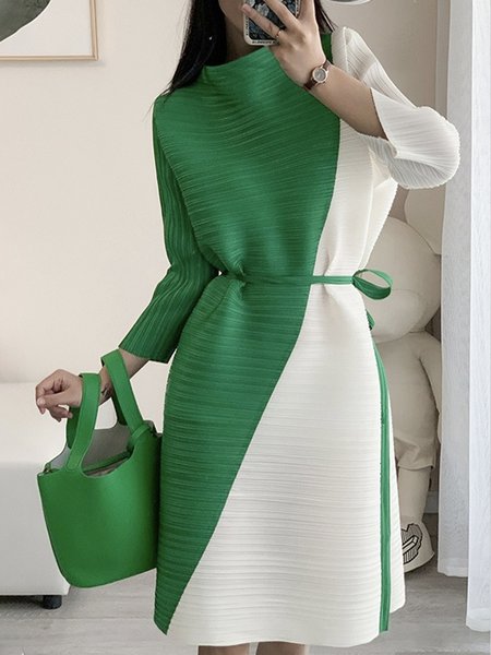 

Elegant Color Block Regular Fit Crew Neck Dress, Green, Mini Dresses