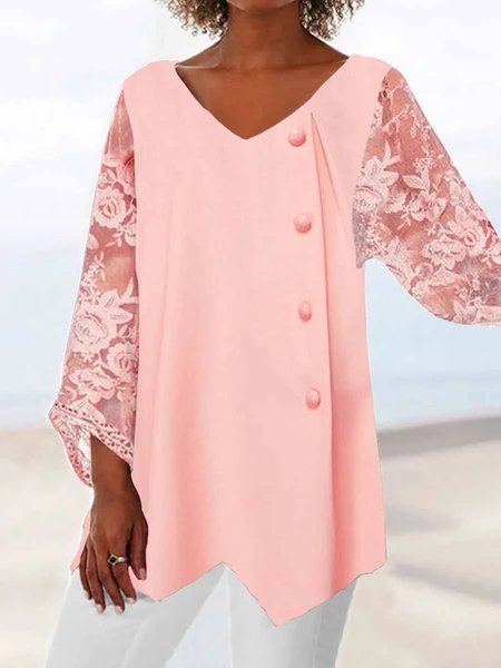 

Plain V Neck Casual Lace Shirt, Pink, Shirts & Blouses