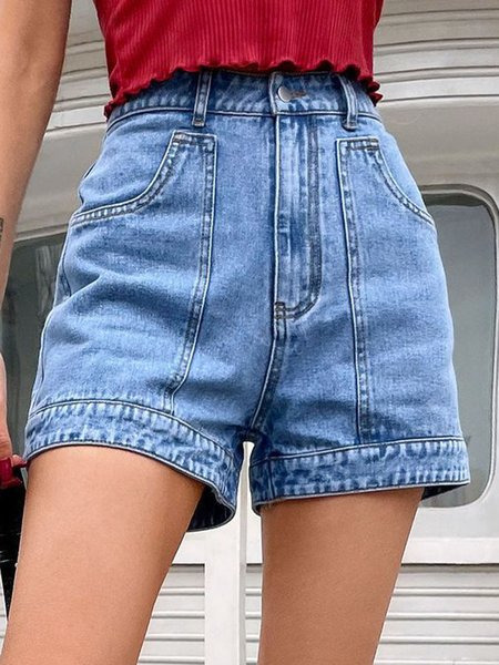 

Denim Plain Regular Fit Casual Denim Shorts, Blue, Shorts