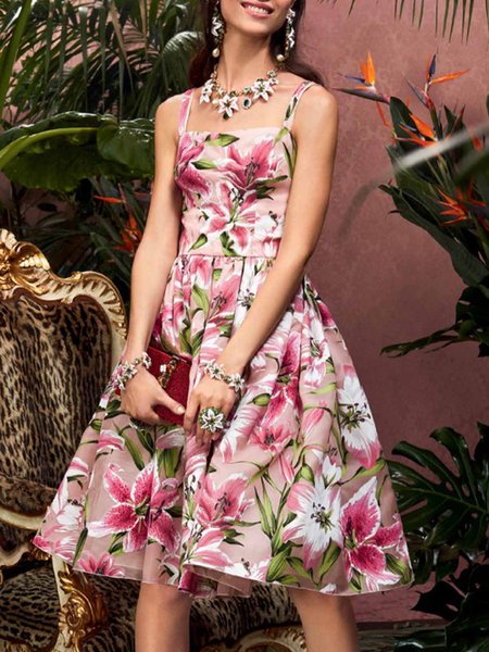 

Regular Fit Vacation Floral Square Neck Dress, Pink, Midi Dresses