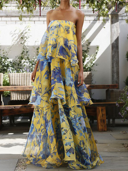 

Loose Floral Sleeveless Vacation Strapless Long Dress, Yellow, Maxi Dresses