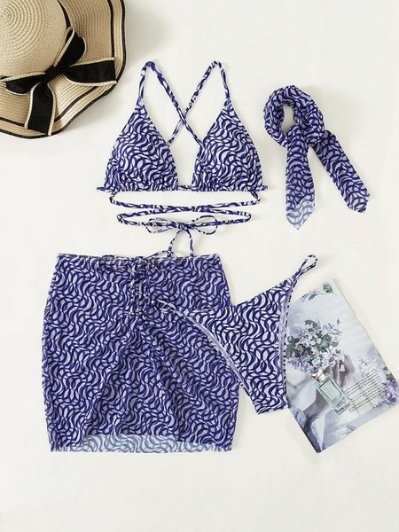 

Sexy Geometric V Neck Bikini With Cover Up, Purple, Bikini Sets