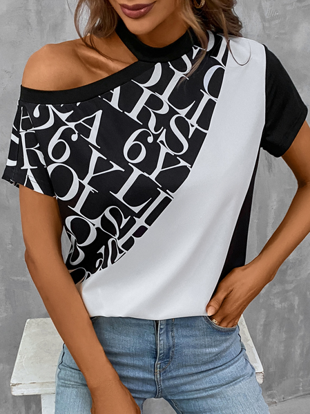 

Casual Asymmetrical Text Letters Shirt, Black, Shirts & Blouses