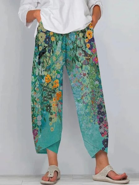 

Loose Floral Casual Pants, Green, Pants