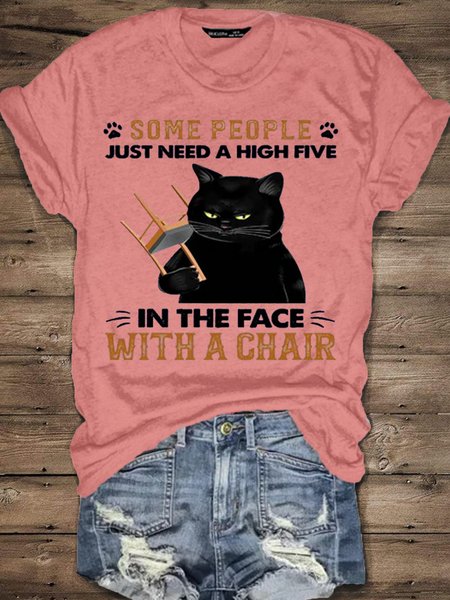 

Women's Some People Just Need A High Five Print Casual Cotton T-Shirt, Pink, T-shirts