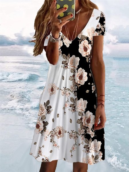 

Regular Fit Elegant V Neck Floral Dress, Pink, Dresses