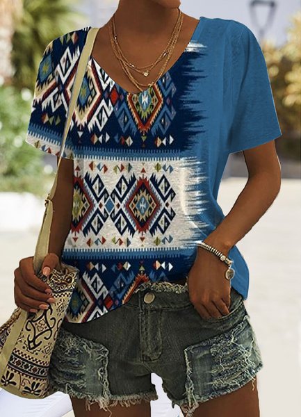 

V Neck Loose Ethnic T-Shirt, Blue, T-Shirts