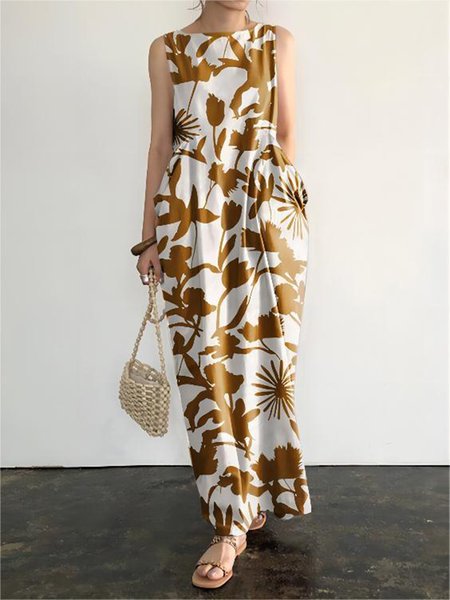 

Floral Regular Fit Crew Neck Elegant Dress, As picture, Maxi Dresses