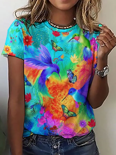 

Women's Simple Crew Neck Bird Color Block T-Shirt, Blue, T-shirts