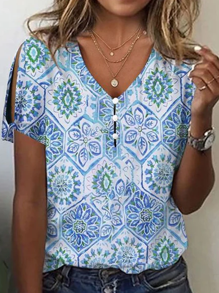 Chic Blue Print Short Sleeve Top, T-Shirts