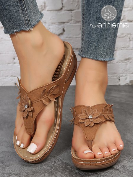 

Women Rhinestone & Flower Decor Flip-flops Wedge Slide Sandals, Brown, Sandals