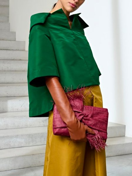 

Loose Plain Shirt Collar Urban Blouse, Green, Blouses and Shirts