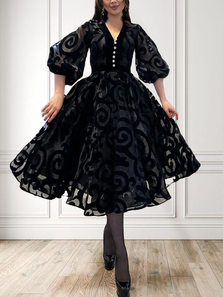 

V Neck Elegant Wedding Party Black Dress, Midi Dresses