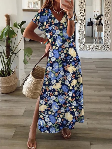 

Loose Casual Floral Knitted Dress, Blue, Dresses