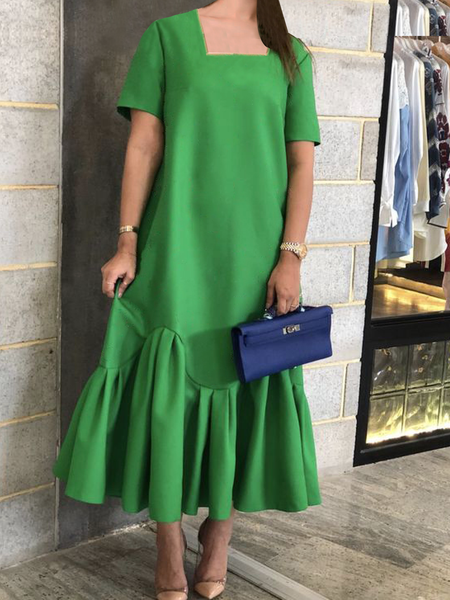 

Plain Square Neck Short sleeve Elegant Loose Midi Dress, Green, Midi Dresses