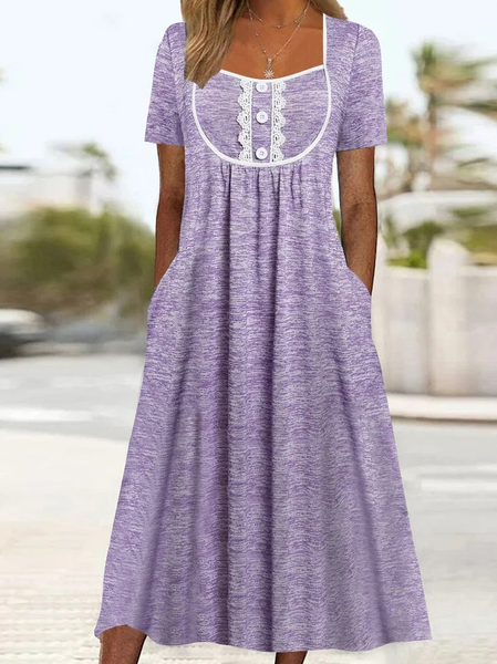 

Casual Loose Square Neck Lace Dress, Purple, Dresses
