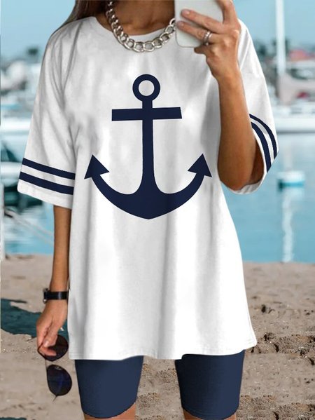 

Knitted Casual Anchor Two-Piece Set, White, Tops