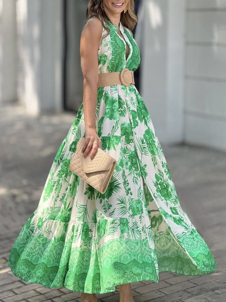

Stand Collar Floral Vacation Regular Fit Dress, Green, Maxi Dresses