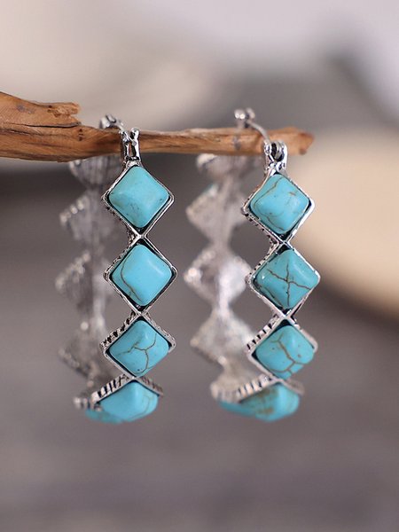 

Turquoise Geometric Hoop Earrings Ethnic Vintage Jewelry, Silver, Earrings