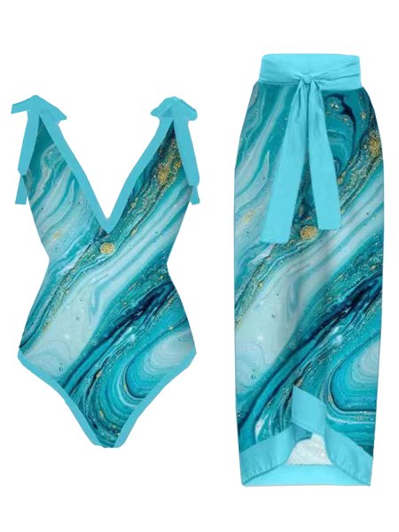 

Abstract V Neck Vacation One Piece With Cover Up, Blue, swimwear>>One-Pieces