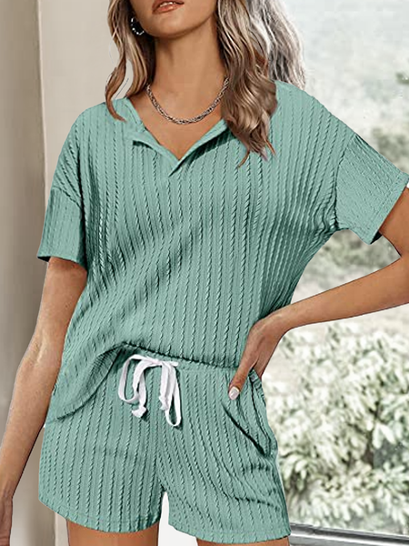 

Half Open Collar Casual Two-Piece Set, Green, Tops