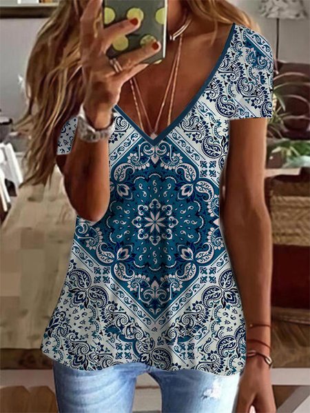 

Ethnic Regular Fit Casual V Neck T-Shirt, Dark blue, T-Shirts