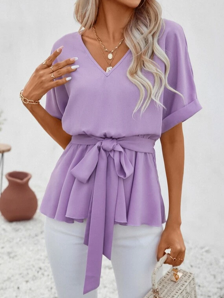 

V Neck Plain Loose Casual Shirt, Purple, Shirts & Blouses