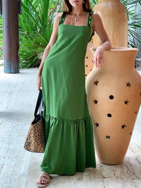 

Vacation Square Neck Plain Dress, Green, Maxi Dresses