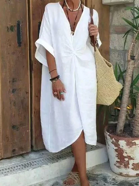 Women's Cotton Linen V Neck Loose Comfortable Dress