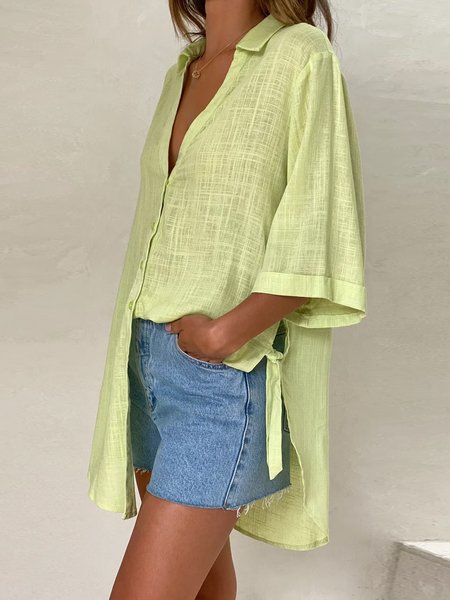 

Shirt Collar Cotton Loose Casual Bow Blouse, Green, Blouses & Shirts