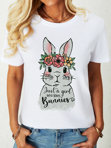 

Women's Funny Rabbit Loose Crew Neck Simple Easter T-Shirt, White, T-shirts