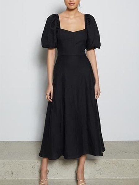 

Plain Square Neck Elegant Dress, Black, Maxi Dresses