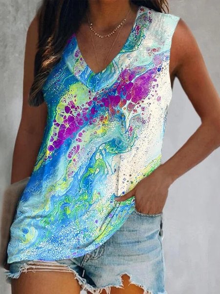 

V Neck Ombre Casual Tank Top, Blue, Tanks & Camis