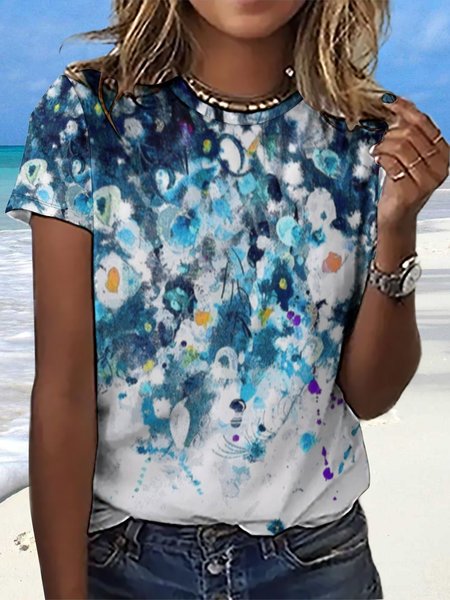 

Women's Loose Simple Crew Neck Landscape Print T-Shirt, Blue, T-shirts