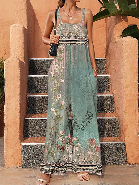 

Loose Ethnic Vintage Spaghetti Bib Pants, Green, Jumpsuits＆Rompers