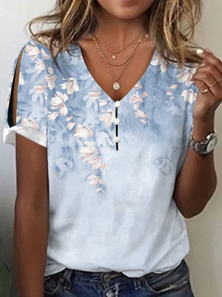 

Casual Loose V Neck Floral T-Shirt, Blue, T-Shirts