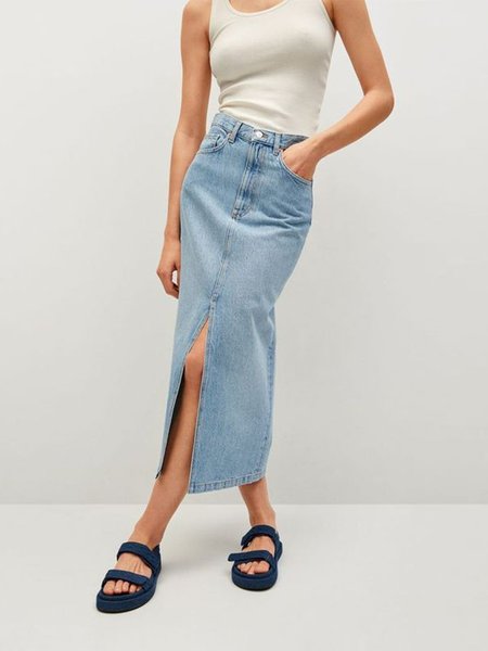 

Denim Plain Casual Denim Skirt, Blue, Skirts