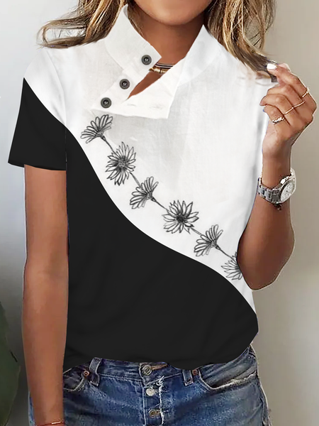 

Half Open Collar Buttoned Casual T-Shirt, Black-white, Tops
