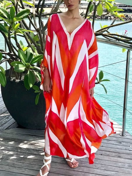 

Geometric Vacation V Neck Loose Shirt, As picture, Blouses and Shirts