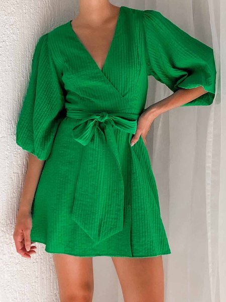 

V Neck Plain Half Sleeve Elegant Dress, Green, Mini Dresses