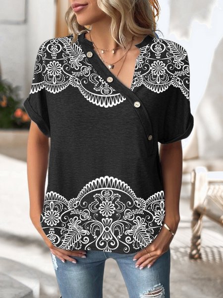 

Lace Boho Others Floral Shirt, Black, Shirts & Blouses
