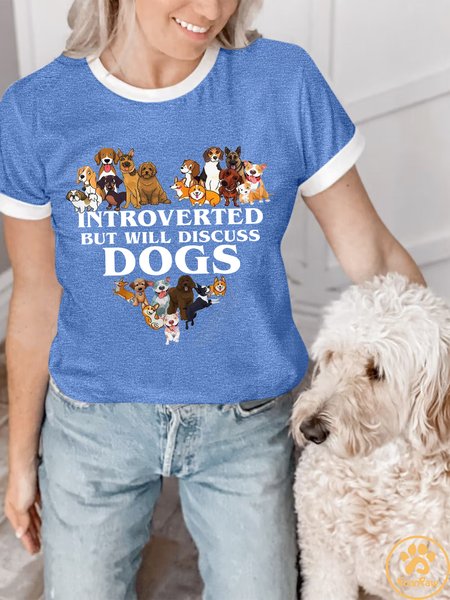 

Lilicloth X Funnpaw Women's Introverted But Will Discuss Dogs Regular Fit Casual T-Shirt, Blue, T-shirts