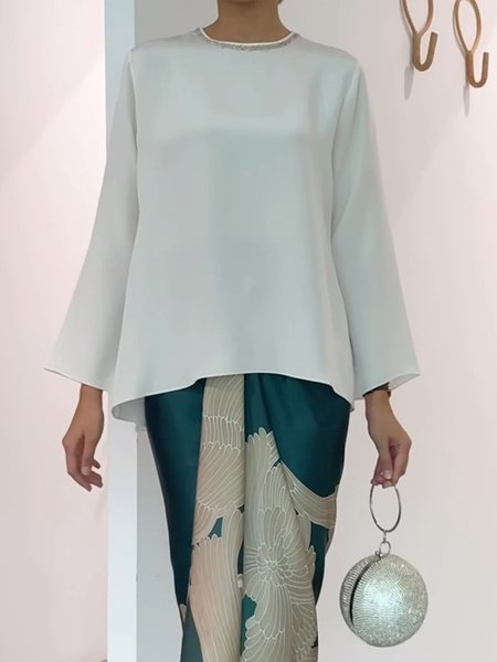 

Crew Neck Elegant Plain Shirt, White, Blouses and Shirts