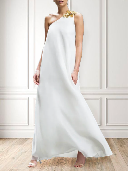

Plain One Shoulder Elegant Regular Fit Wedding Party Dress, White, Maxi Dresses