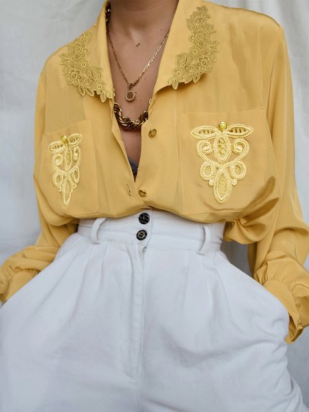 

Shawl Collar Loose Plain Casual Long Sleeve Blouse, Yellow, Blouses and Shirts
