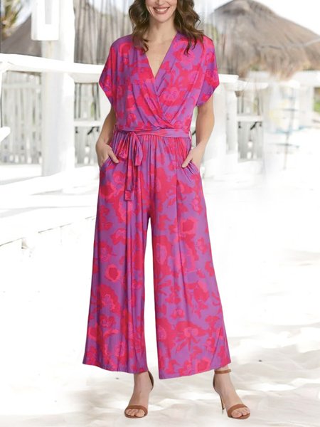 

Floral Vacation V Neck Loose Jumpsuit, Pink, Jumpsuits＆Rompers