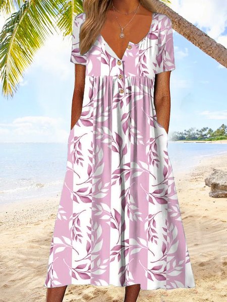 

Plus Size Vacation Half Open Collar Floral Short Sleeve Dress, Pink, Dresses
