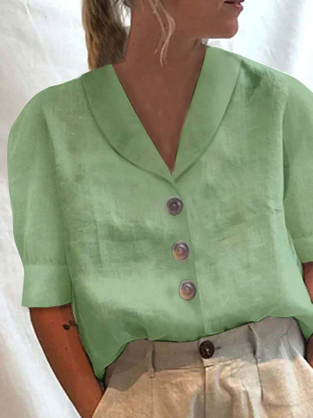 

Loose Shawl Collar Color Block Linen Blouse, Green, Shirts & Blouses