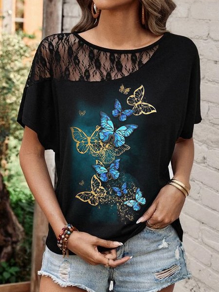 

Crew Neck Butterfly Casual Shirt, Black, Shirts & Blouses