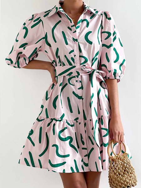 

Vacation Shirt Collar Abstract Print Dress, Pink, Midi Dresses